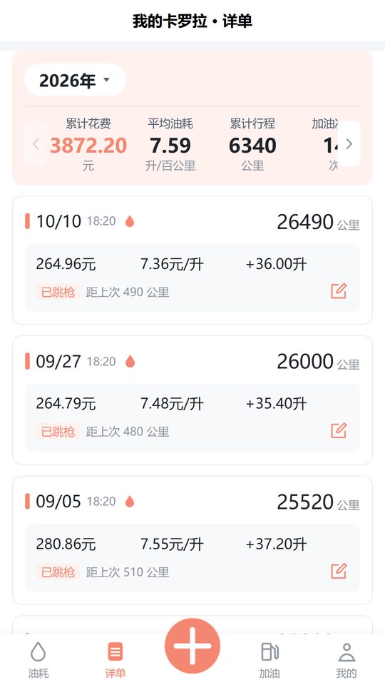 详单页：按年列出每一条加油记录